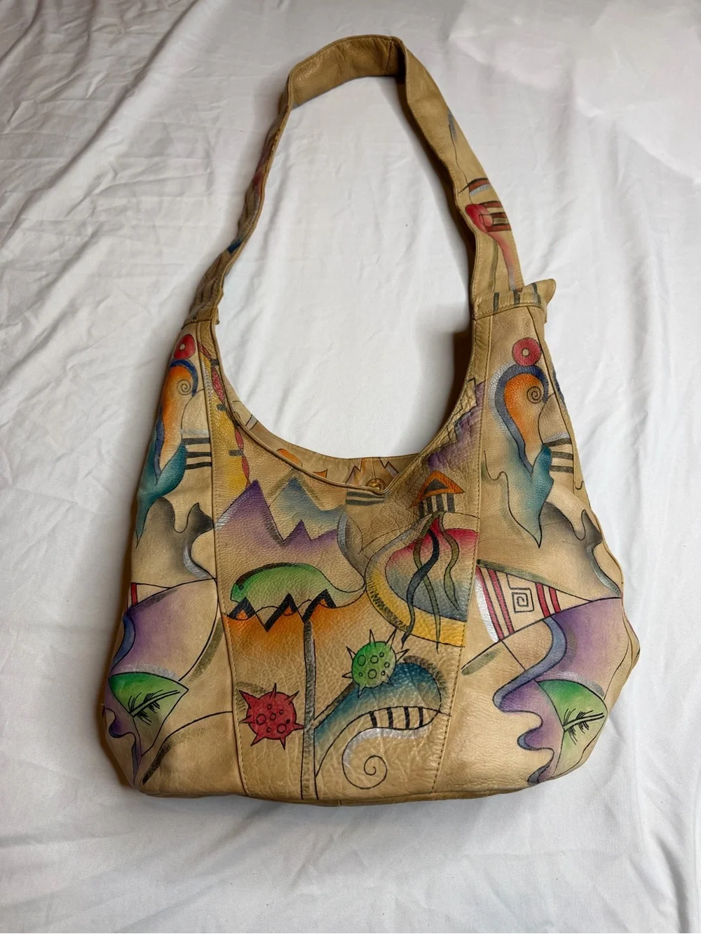 Hand Painted Genuine Leather Hobo Shoulder Bag Abstract Art Boho Slouch Purse
